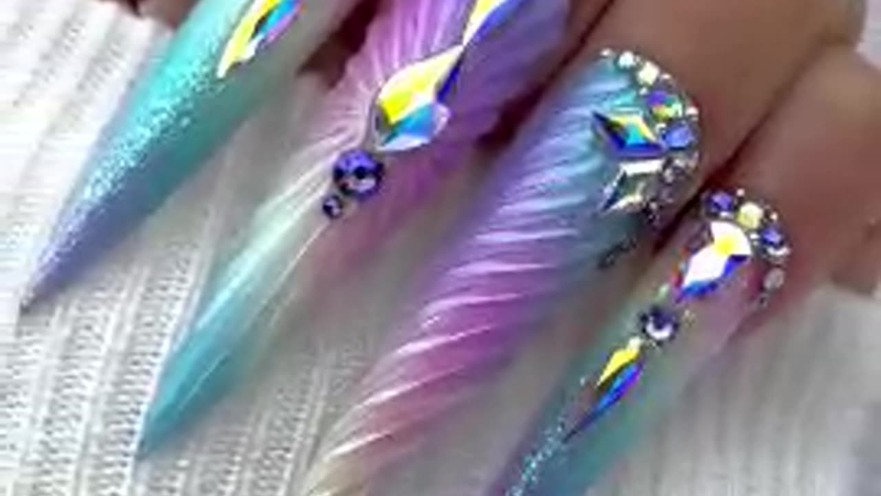 Almond Long White & Multicoloured Nails Art with Stone Work | Luxury Nail Design 💎✨