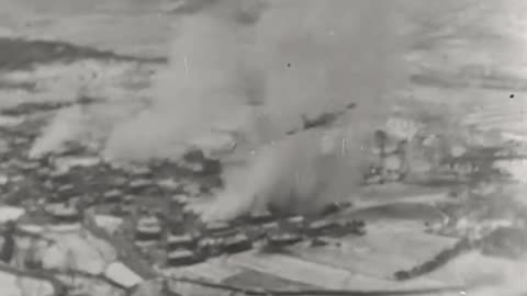 Lockheed F-80 Shooting Stars attacking ground targets in Korea with gunfire and napalm in 1951