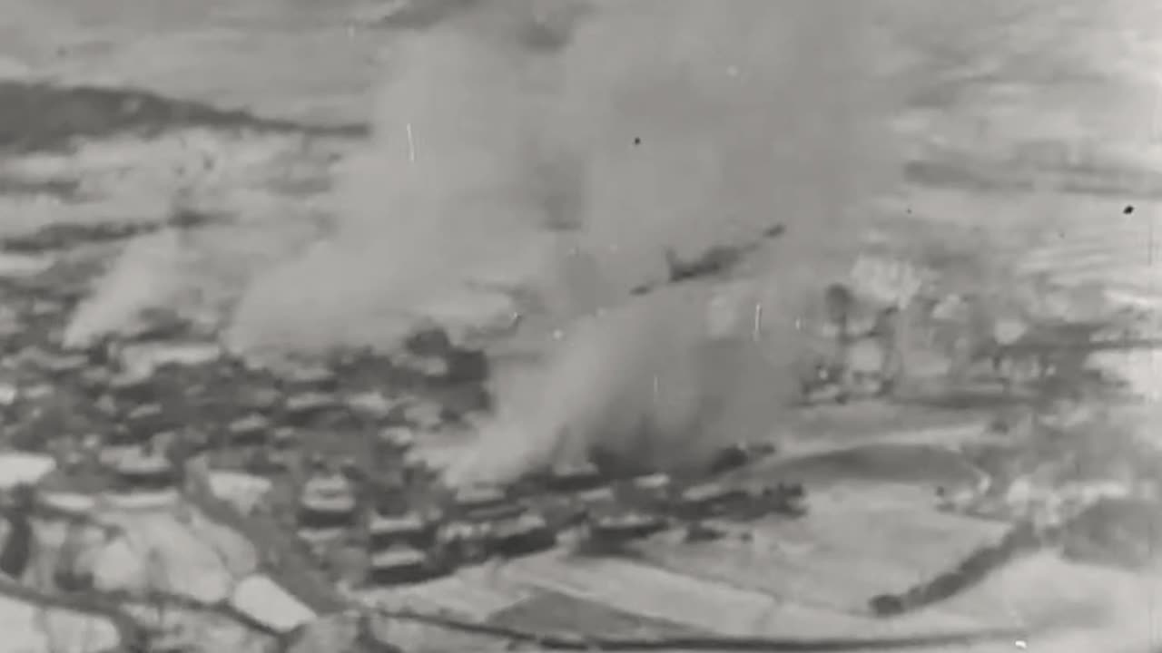 Lockheed F-80 Shooting Stars attacking ground targets in Korea with gunfire and napalm in 1951