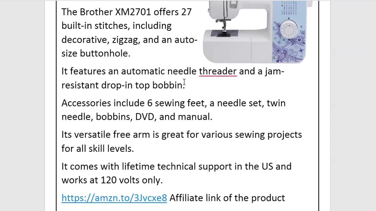 Brother Lightweight Sewing Machine, 27 Stitches