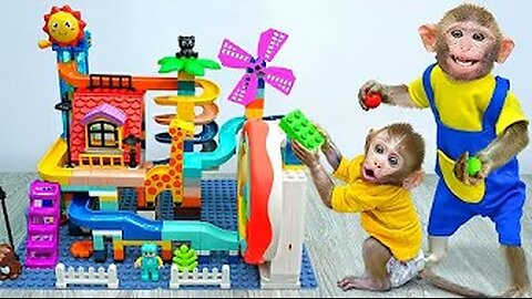 KiKi Monkey playing Marble Run Race and Lego Building Blocks with Naughty baby