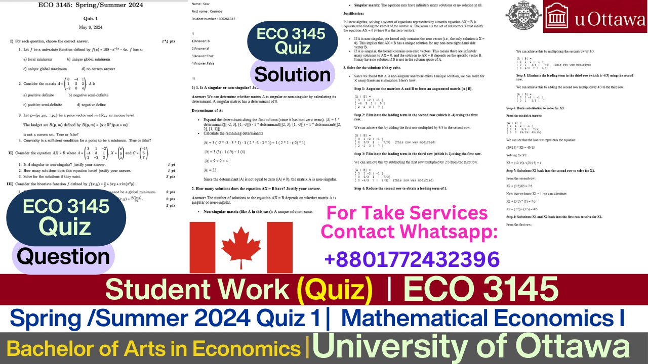 Client Work (Quiz )| Spring/Summer 2024 ECO3145 Quiz 1 | University of Ottawa | Economics