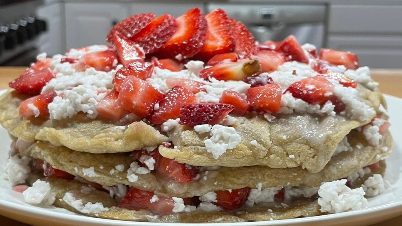 Strawberry Shortcake Pancake Cake (Grain/Dairy Free)