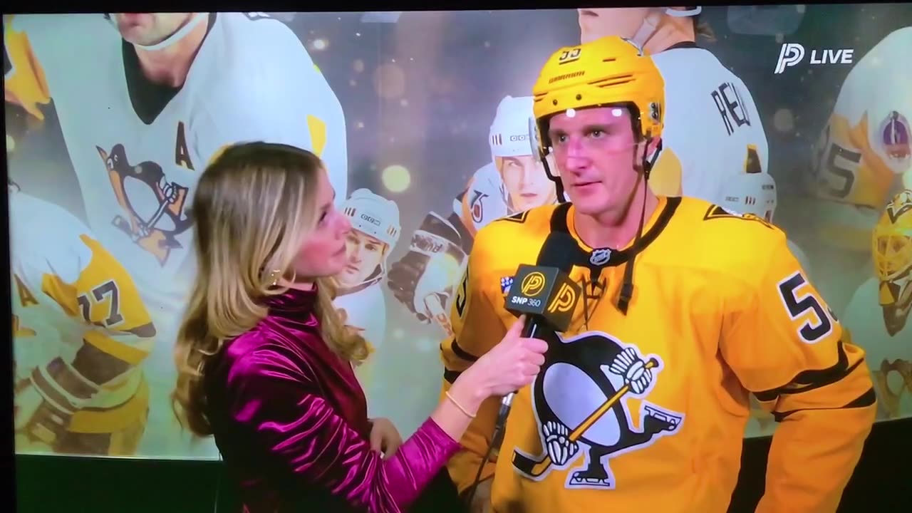 Penguins C #55 Noel Acciari w/in between periods interview