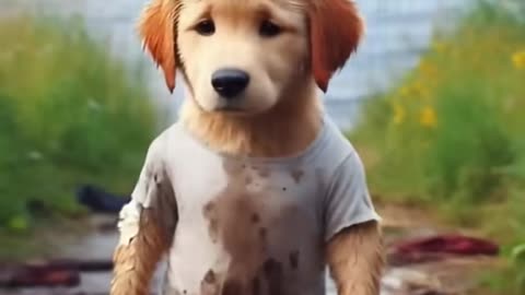 Cute puppy sinks in the middle of a flood of a strong storm