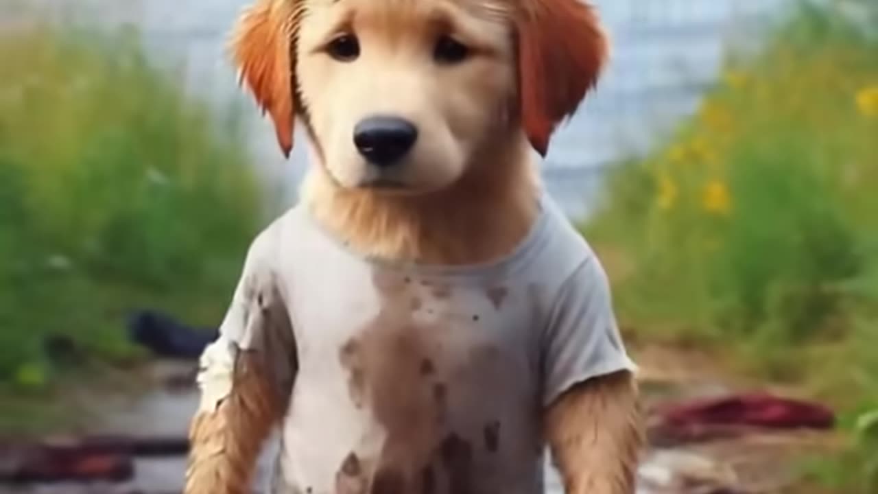 Cute puppy sinks in the middle of a flood of a strong storm