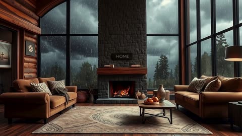 Cozy Rain Ambience in Cozy Wooden House in the forest with Rain falling on window and Crackling Fire