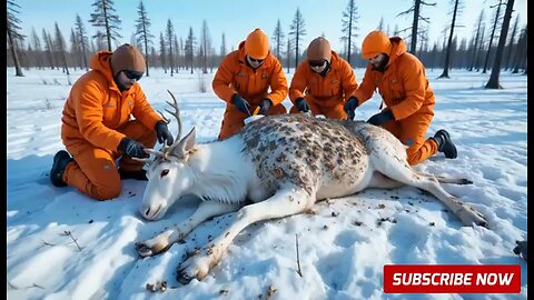 A reindeer is injured by barnacles and parasites, the fawn seeks help to save its mother
