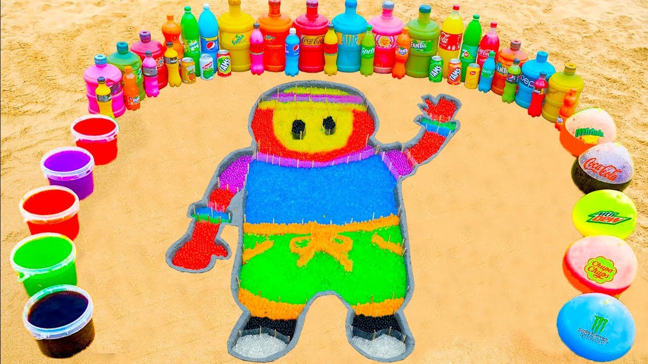 How to make Rainbow Fall Guys with Orbeez, Balloons of Fanta, 7up, Coca Cola, Mentos & Popular Sodas