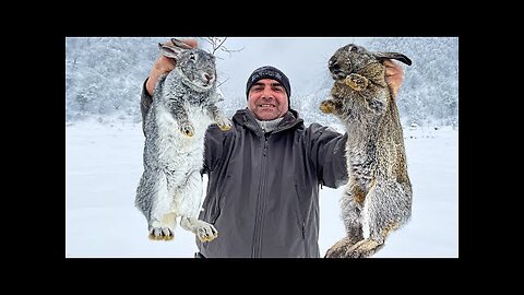 TWO FAT RABBITS in the Snowy Mountains on the Campfire! Relaxing Village Cooking