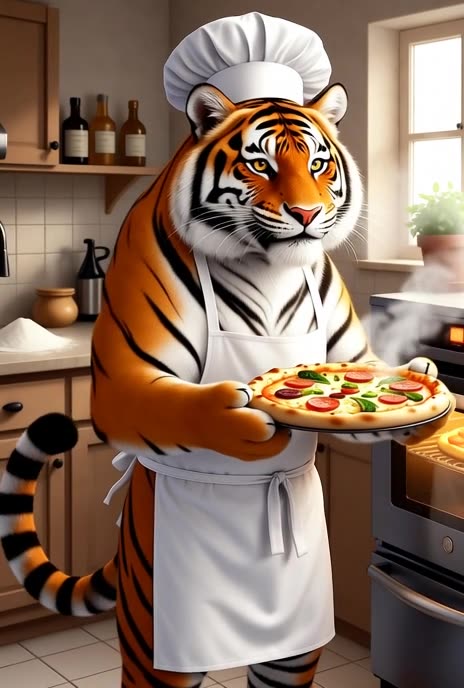 A tiger prepares a pizza