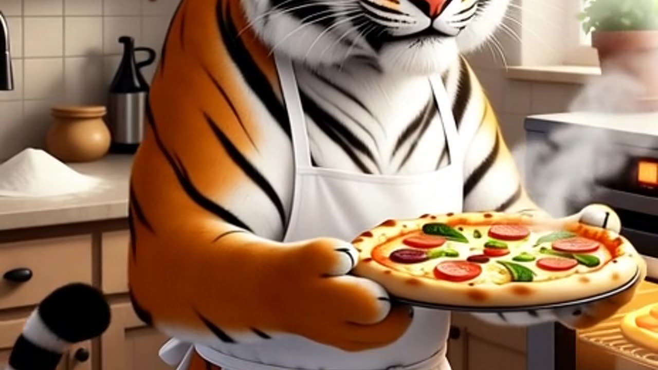 A tiger prepares a pizza