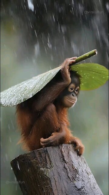 Thumbnail Smart Orangutan Uses Leaf as an Umbrella! 🥺 #klingai #orangutan #smar