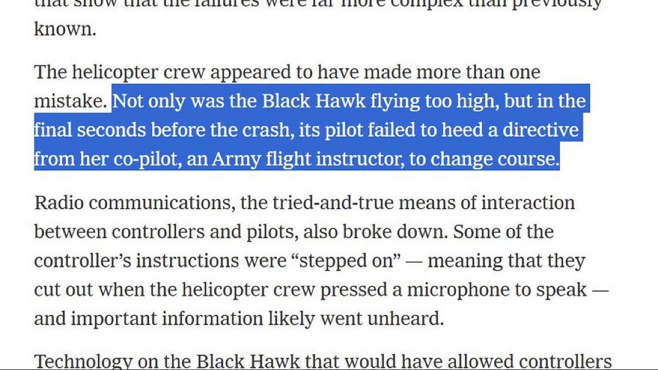 🚨NYT: Female pilot of the DC Black Hawk ignored her copilot, slammed straight
