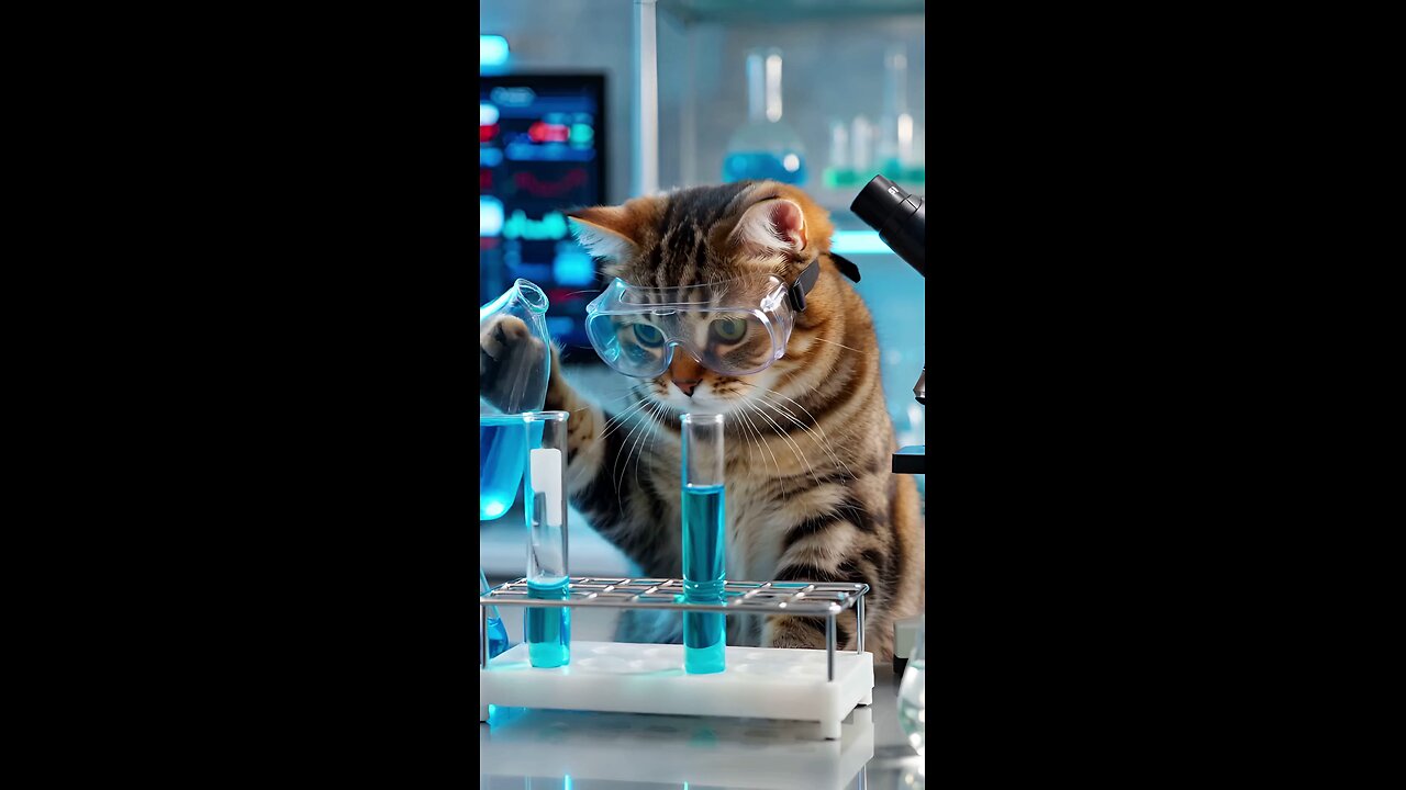 A realistic chubby tabby cat wearing tiny safety goggles stands at a laboratory