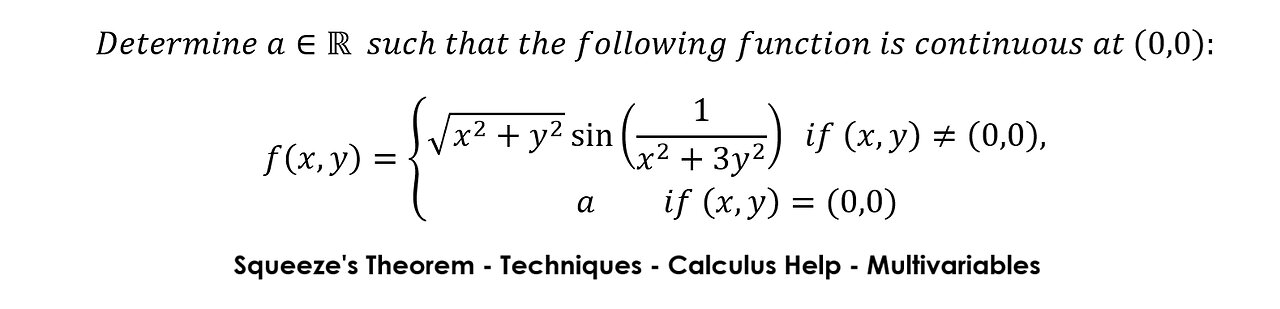 Calculus Help: Squeeze's Theorem: Determine a∈R such that the following function is continuous at