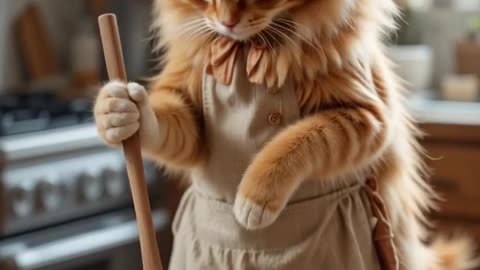 A fluffy orange tabby cat wearing a tiny apron