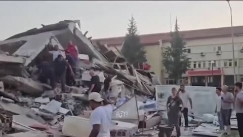 View of the building that collapsed in Balıkesir, Turkey following strong earthquake