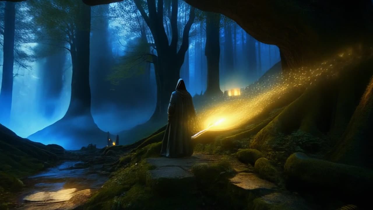 Fireflies in a dark enchanted forest