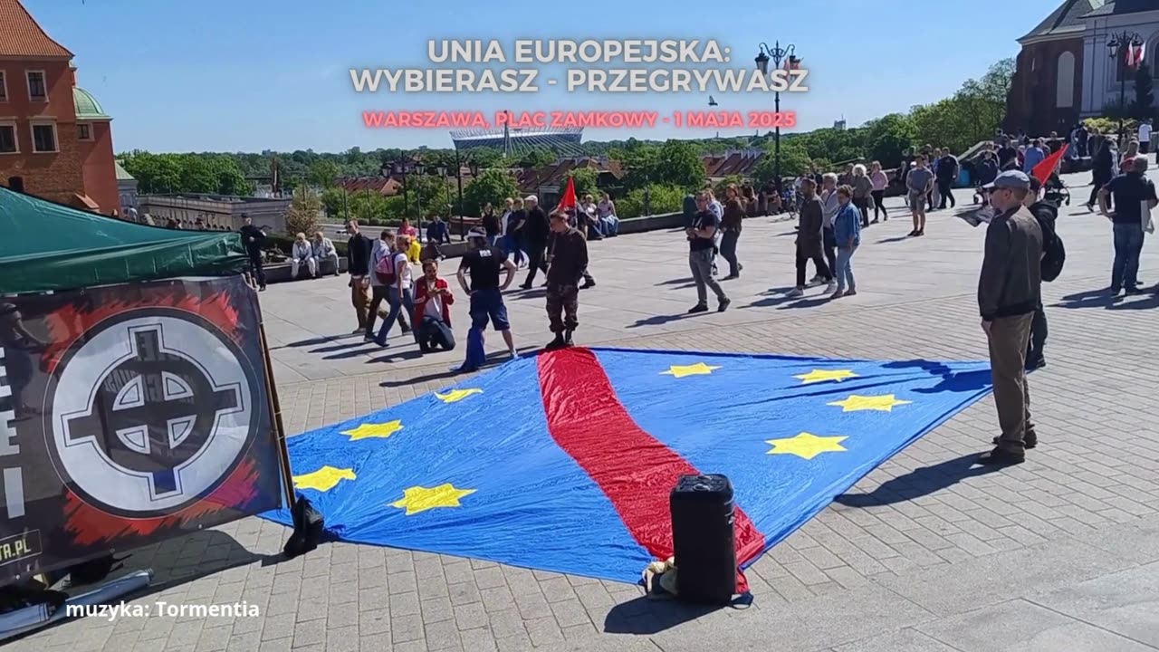 Members of the National Revival of Poland (NOP) stamp on an EU flag