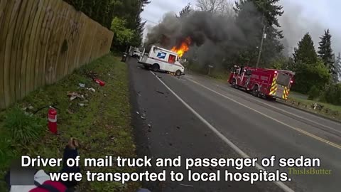 Body cam shows rescue after mail truck bursts into flames