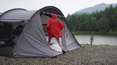 Outdoor camping with spacious tent, immersive view, no commentary, suitable for many activities