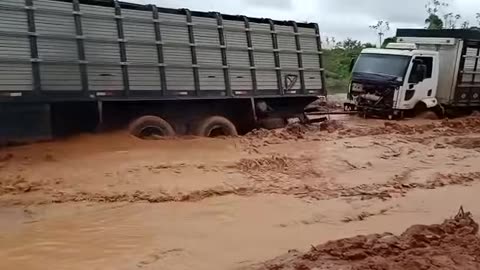 Cattle truck being rescued from the quagmire