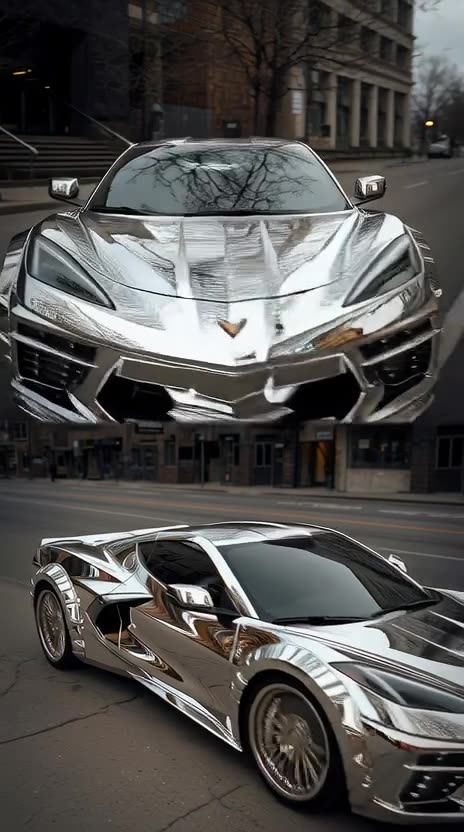 chromed plated sports car made of scraps with canada logo