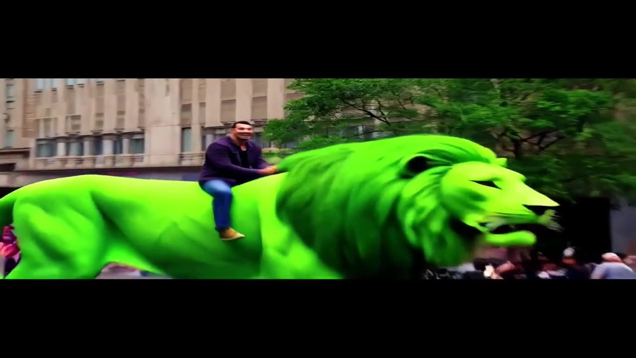 Man riding on green lion