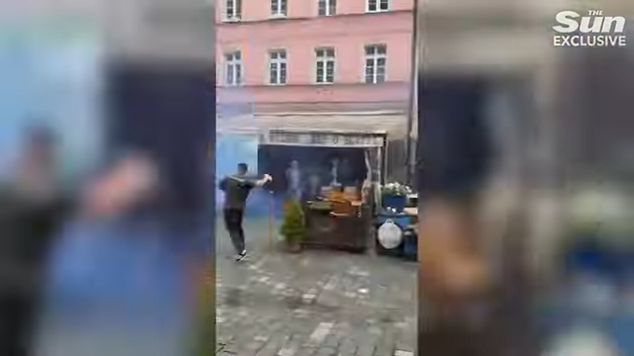 Moment Chelsea & Real Betis fans CLASH in Poland launching chairs & smoke grenades