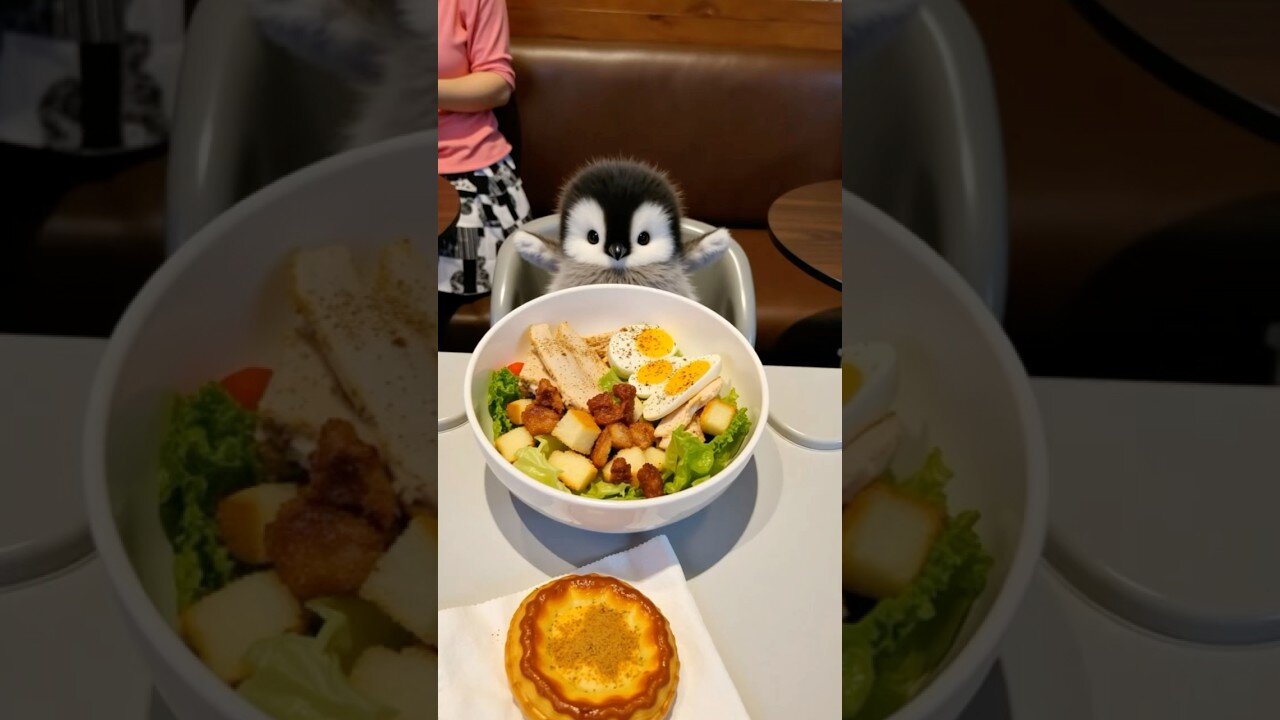 Meet the Cutest Diner: 🐧Baby Penguin Savoring a Salad 🥗