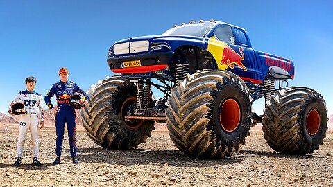 F1 Drivers Race HUGE Mega Trucks! (Max Verstappen vs Yuki Tsunoda)