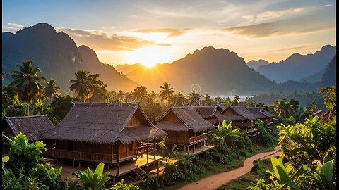 A Peaceful Sunset in the Villages of Laos | Calm Rural Life & Golden Skies