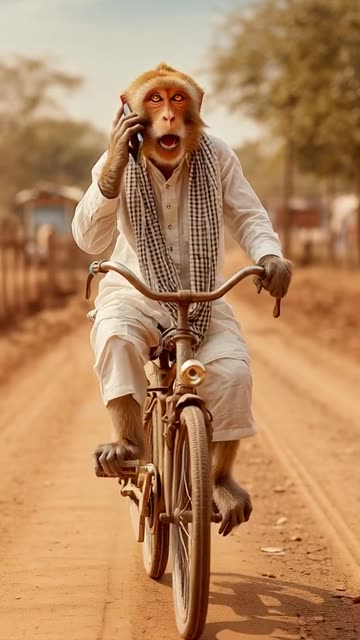 A monkey dressed in traditional South Asian attire—a white kurta-pajama with a checkered