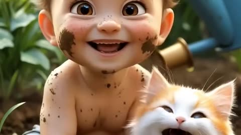 Baby and Kitten’s Muddy Garden Adventure! 😂💩