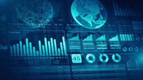 High-tech global data dashboard with blue analytics, bar graphs.