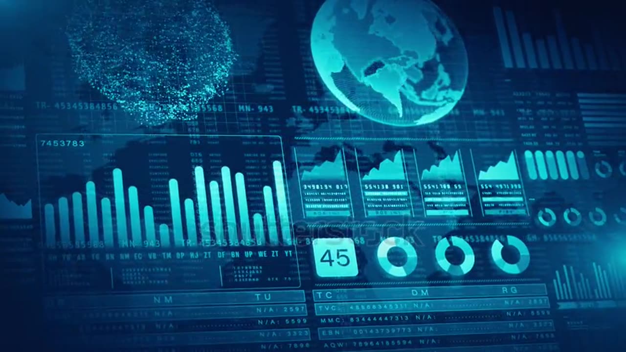 High-tech global data dashboard with blue analytics, bar graphs.