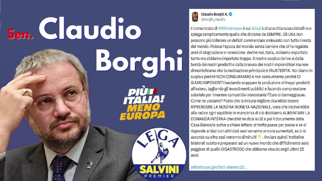 🔴 Da un post del Sen. Claudio Borghi su X soluzioni ai dazi di Trump (3.4.25, voce creata con IA)