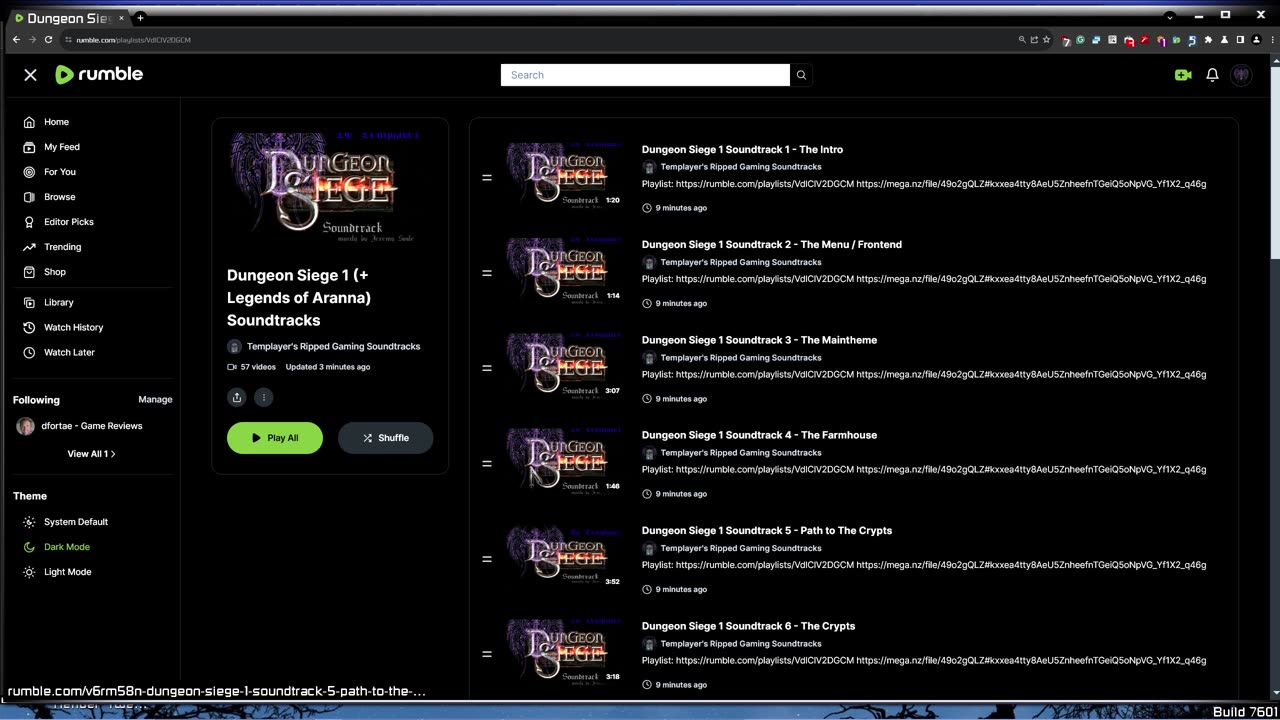 The Dungeon Siege 1 (+ Legends of Aranna) soundtracks are available on this channel