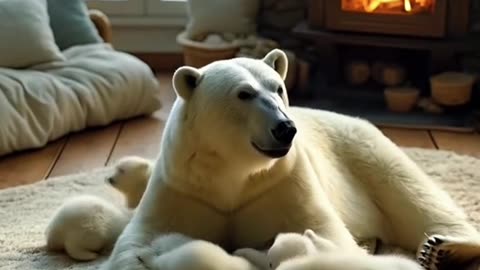 Polar Bear Mom Cuddles Her Fluffy Cubs Indoors!