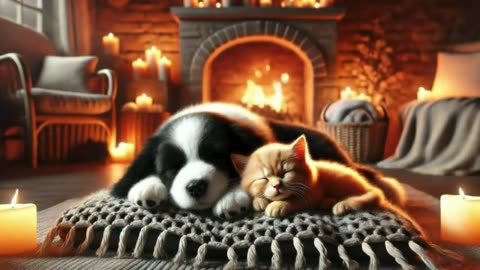 Cat & Dog Sleeping by the Fireplace 🐾🔥 Relaxing Ambience