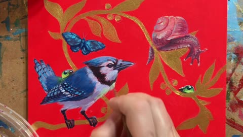 Painting Jay bird snail acrylic surrealism art with Artettina