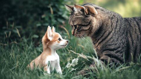 Puppy Dogs Stand Up To Maine Coon Cats