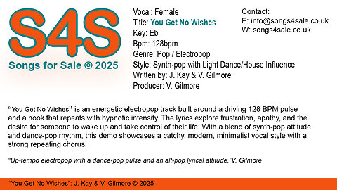 You Get No Wishes (Key Eb) 128bpm (2025) S4S (Songs 4 Sale) for Female Vocal