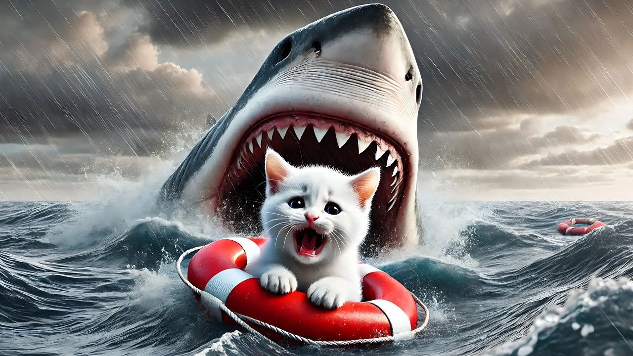 Kitten in Danger from Giant Shark While Mermaid Cat Sleeps! 😿🦈🐱