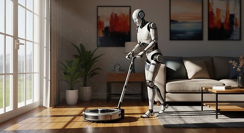 Humanoid Robot Cleaning The Floor with a Vacuum at house
