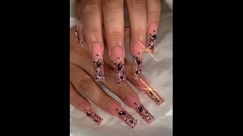Elegant Light Pink Long Nails Art with White Crystals & Black Stones | Glam Nail Design 2025
