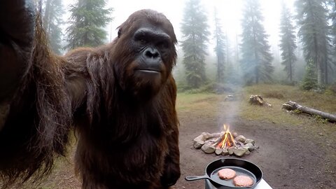 Bigfoot cooks fish stew and handmade flatbread.