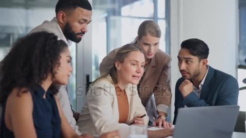 Employees, laptop and meeting in office.