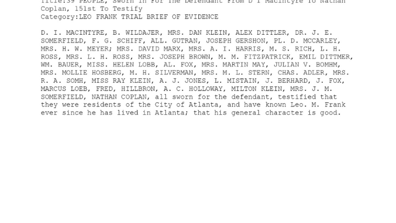 39 PEOPLE, Sworn In For The Defendant, From D. I. Macintyre to Nathan Coplan, 151st To Testify